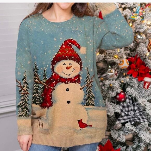 Christmas Snowman Sweater Cotton Wool Blend Winter Scene Sweater Size 2XL - Picture 7 of 9